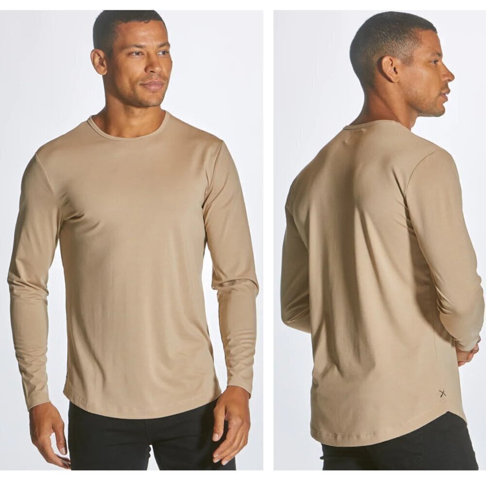 CUTS Tan Cotton Blend Stretch AO Long Sleeve Curve-Hem Tee - 35569